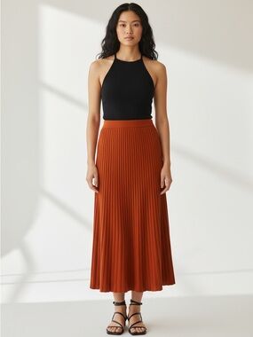 Burnt Orange Ribbed Knit Pleated Pencil Skirt Midi Maxi Side Slit Small NWOT